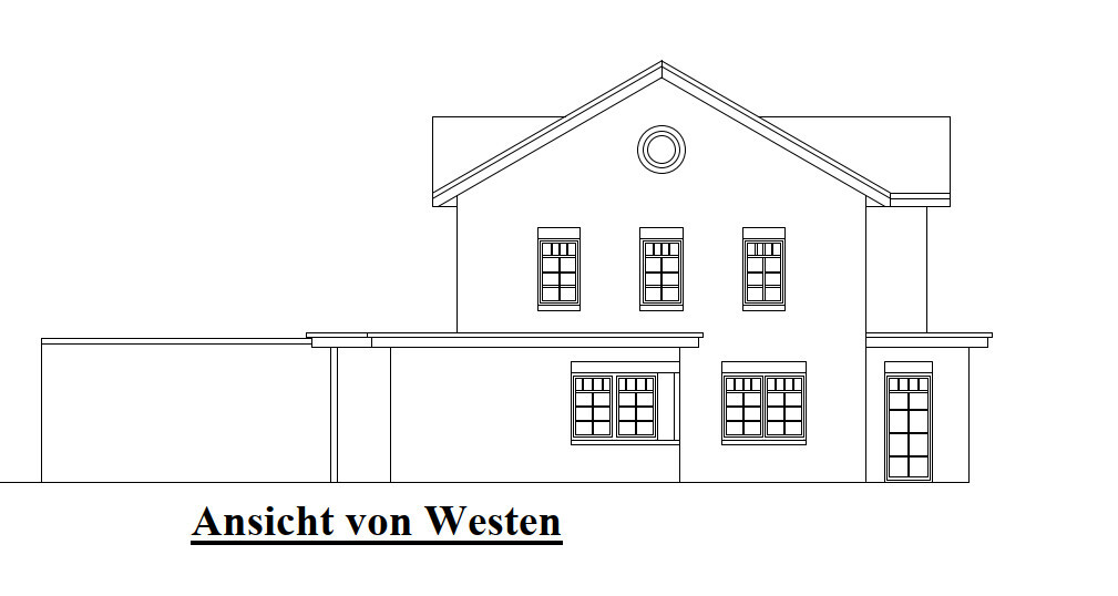 Linienzeichnung eines zweigeschossigen Hauses mit Satteldach und Anbau; Ansicht von Westen.