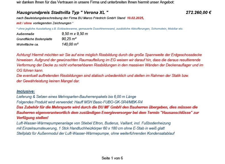 Textdokument zum Hausangebot Stadtvilla Verona XL mit Preisangaben.