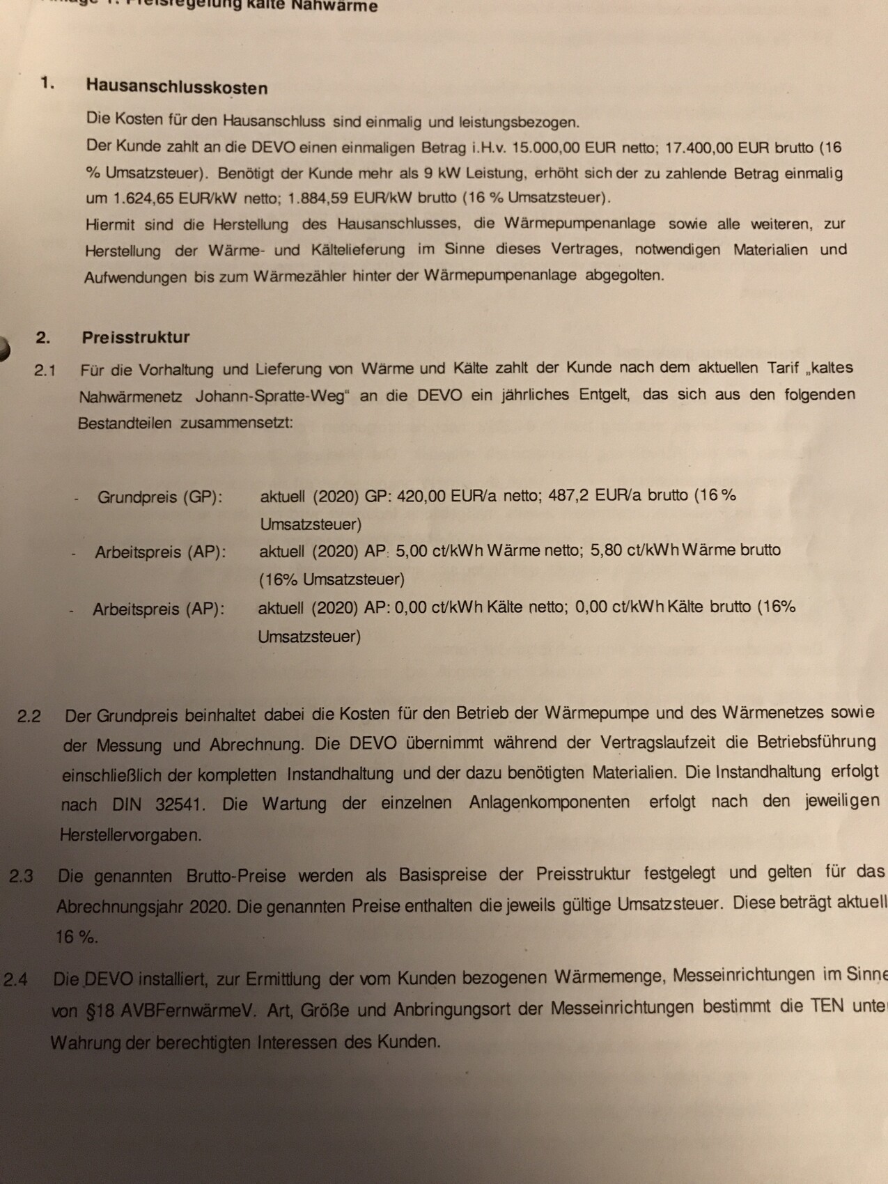 Dokumentenseite mit Überschriften: 1. Hausanschlusskosten, 2. Preisstruktur (2.1–2.4).