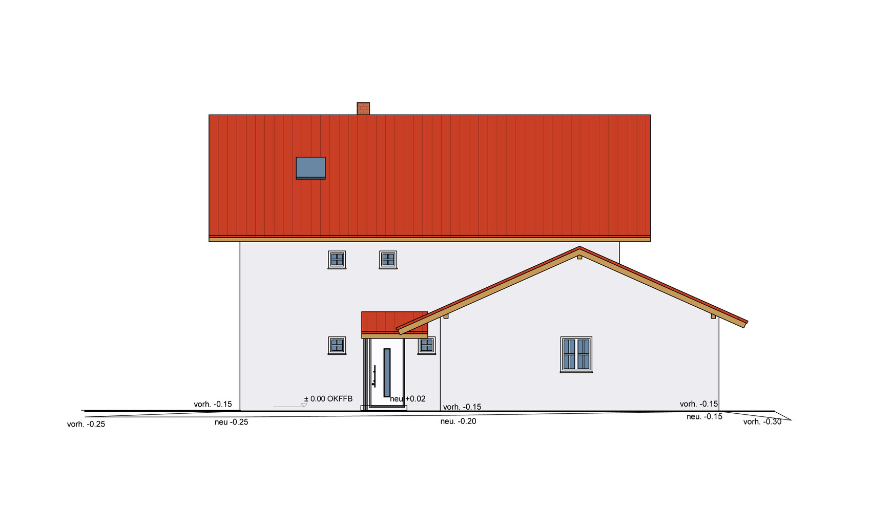 Außenansicht eines zweistöckigen Hauses mit rotem Dach und Eingang