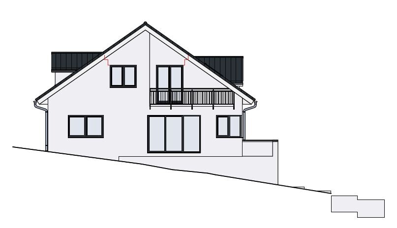 Moderne zweistöckige Hauszeichnung auf Hanglage mit Giebeldach, Balkon und großen Fenstern.