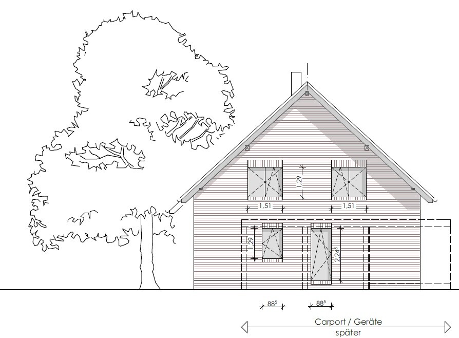 Architektenzeichnung einer Einfamilienhaus-Frontansicht mit Satteldach, Carport, Fenstern und Baum links.