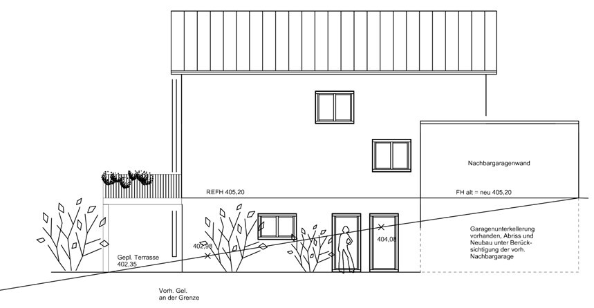 Architektenzeichnung einer modernen Hausfront mit Terrasse und Garage.