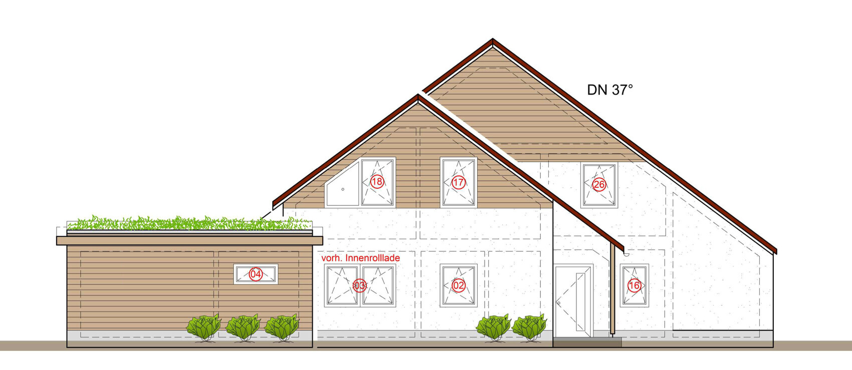 Architekturzeichnung einer Hausfassade mit Holzverkleidung, Dach, Fenstern und Grünfläche.