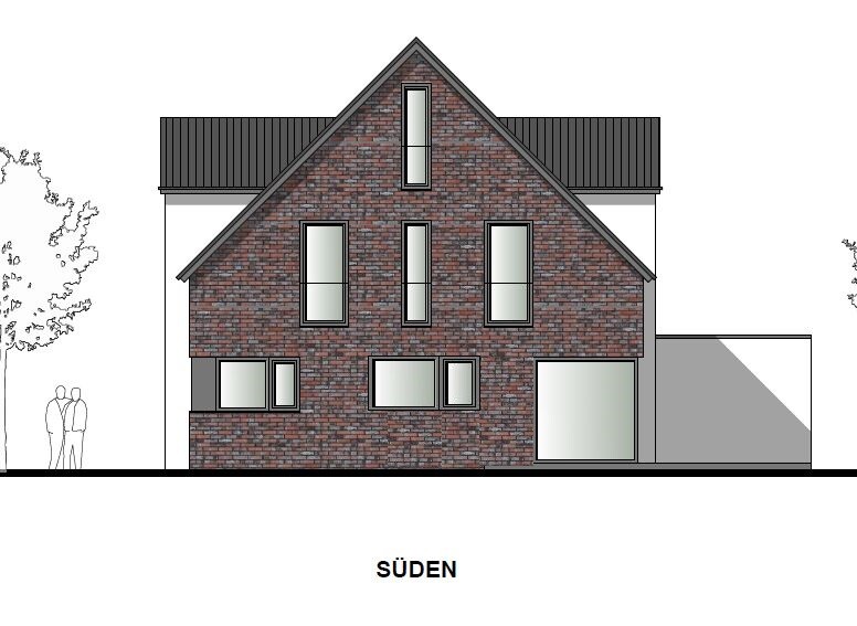 Vorderansicht eines modernen Hauses mit roter Backsteinfassade und großen Fenstern.