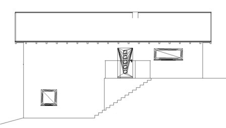 Architektur-Skizze einer Hausfassade mit Treppe und Fenstern von der Seite