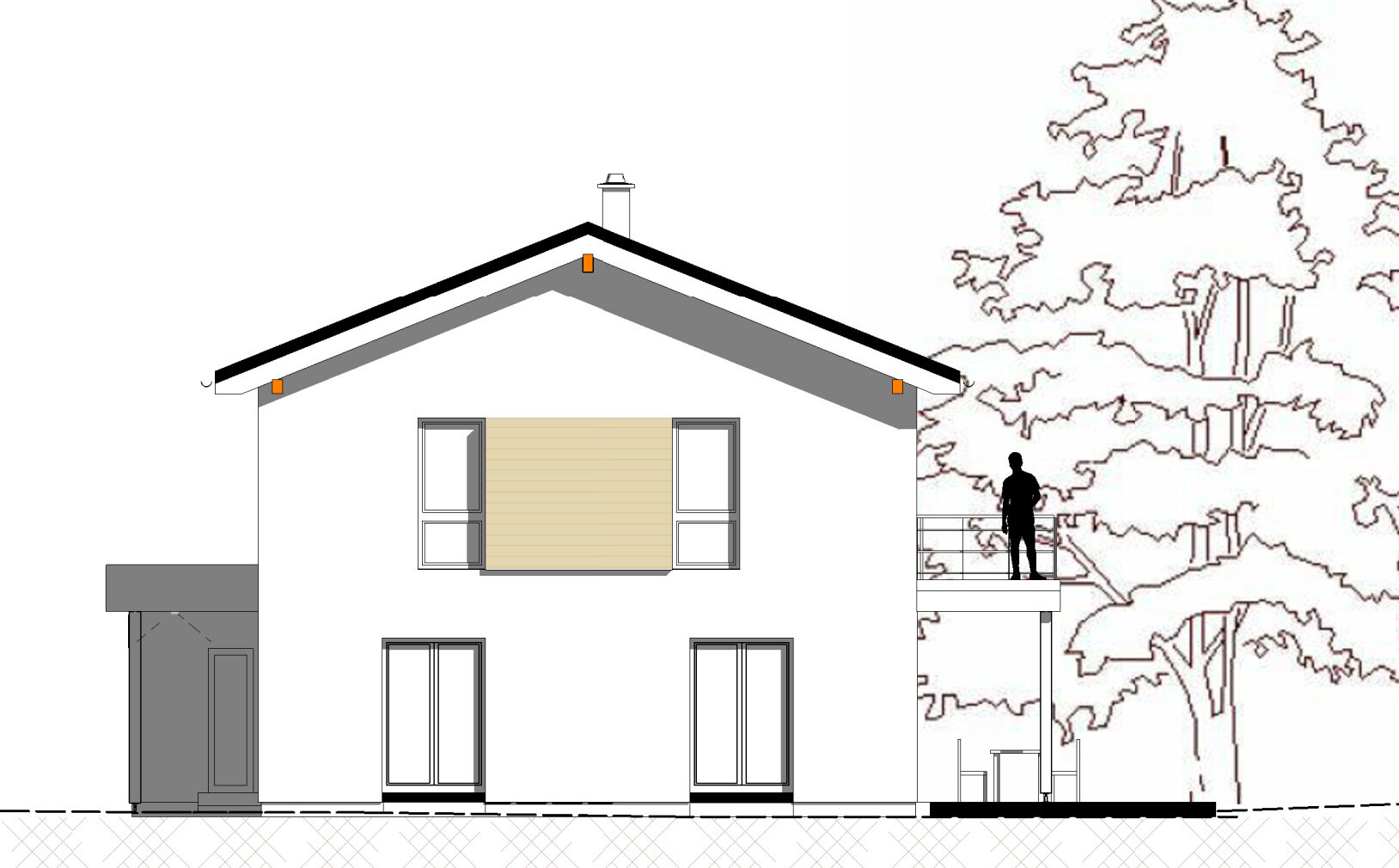 Zweistöckiges Haus mit Satteldach; Balkon rechts mit Silhouette einer Person, Bäume im Hintergrund