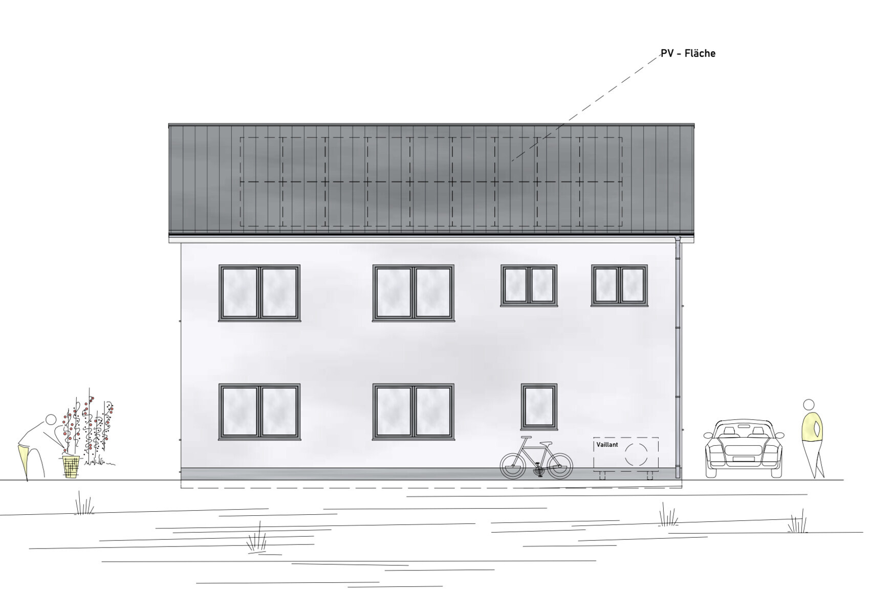 Außenansicht eines zweistöckigen Hauses mit Dach, Fenstern und PV-Fläche, davor Fahrrad