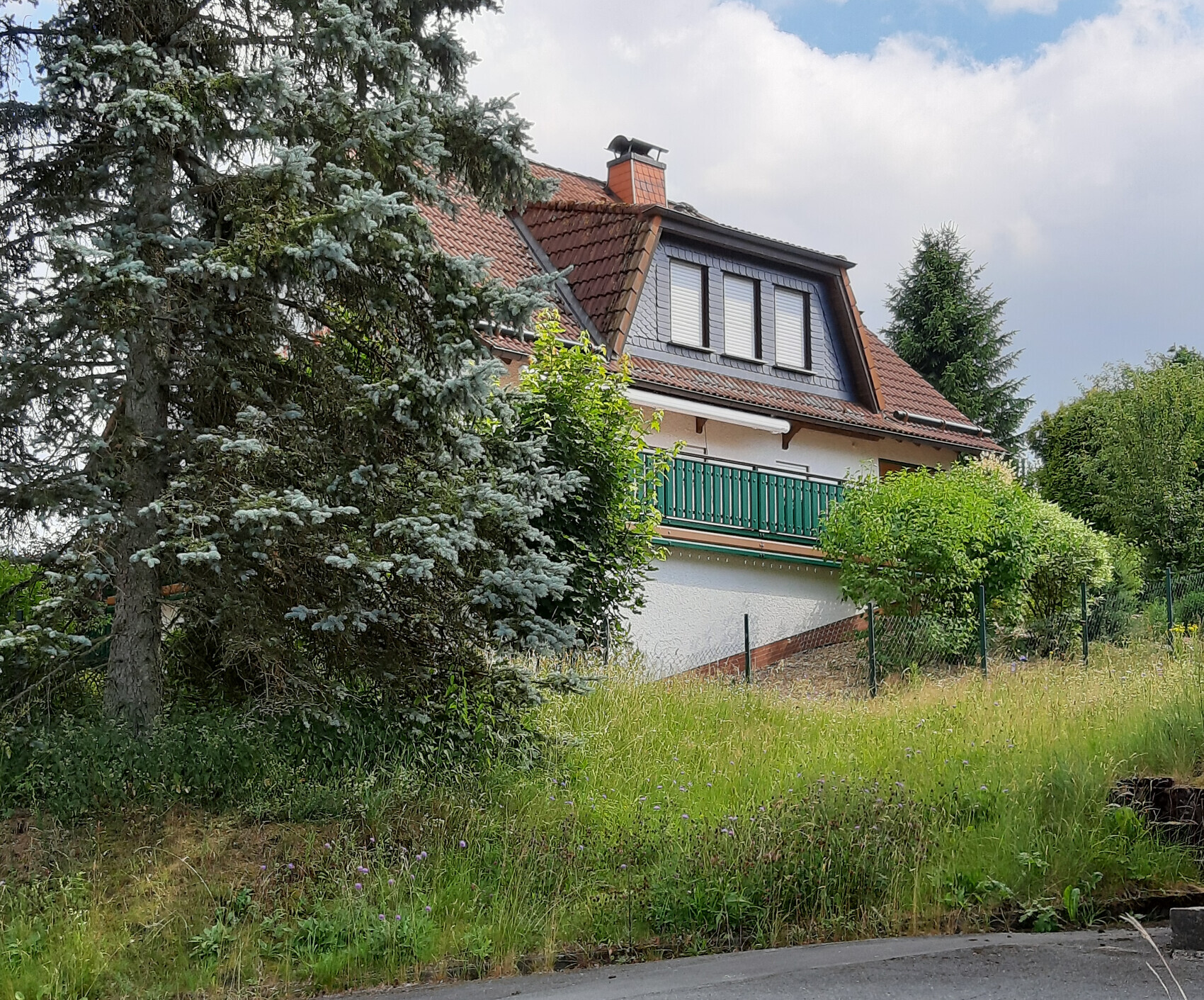 Haus mit rotem Ziegeldach, Dachgaube, grünem Balkon und Garten; großer Tannenbaum links.