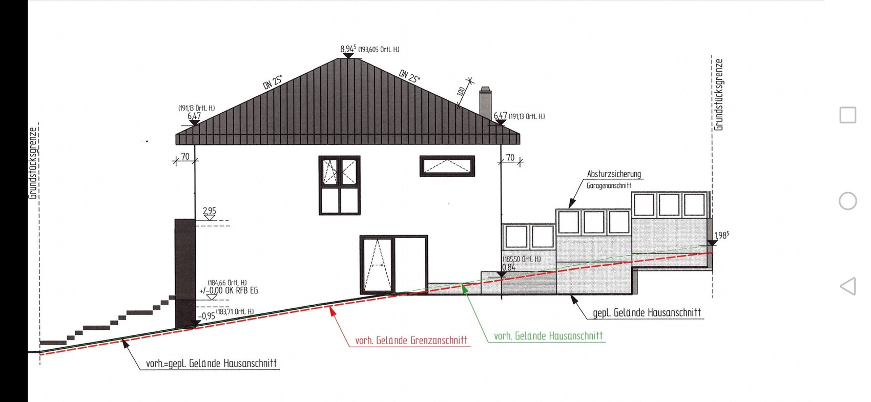 Schnittzeichnung: Haus mit Satteldach, Fensterfronten, Tür und angrenzender Garage.