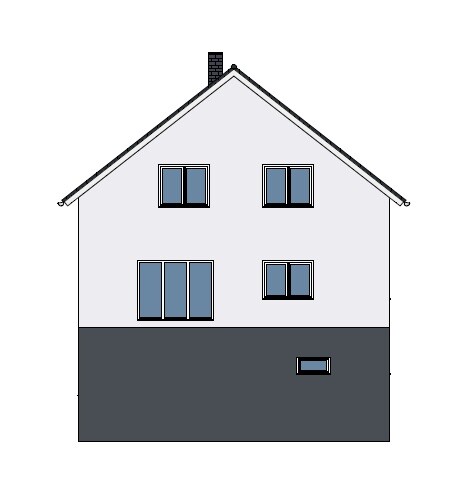Frontansicht eines zweistöckigen Hauses mit weißer Fassade und Kamin