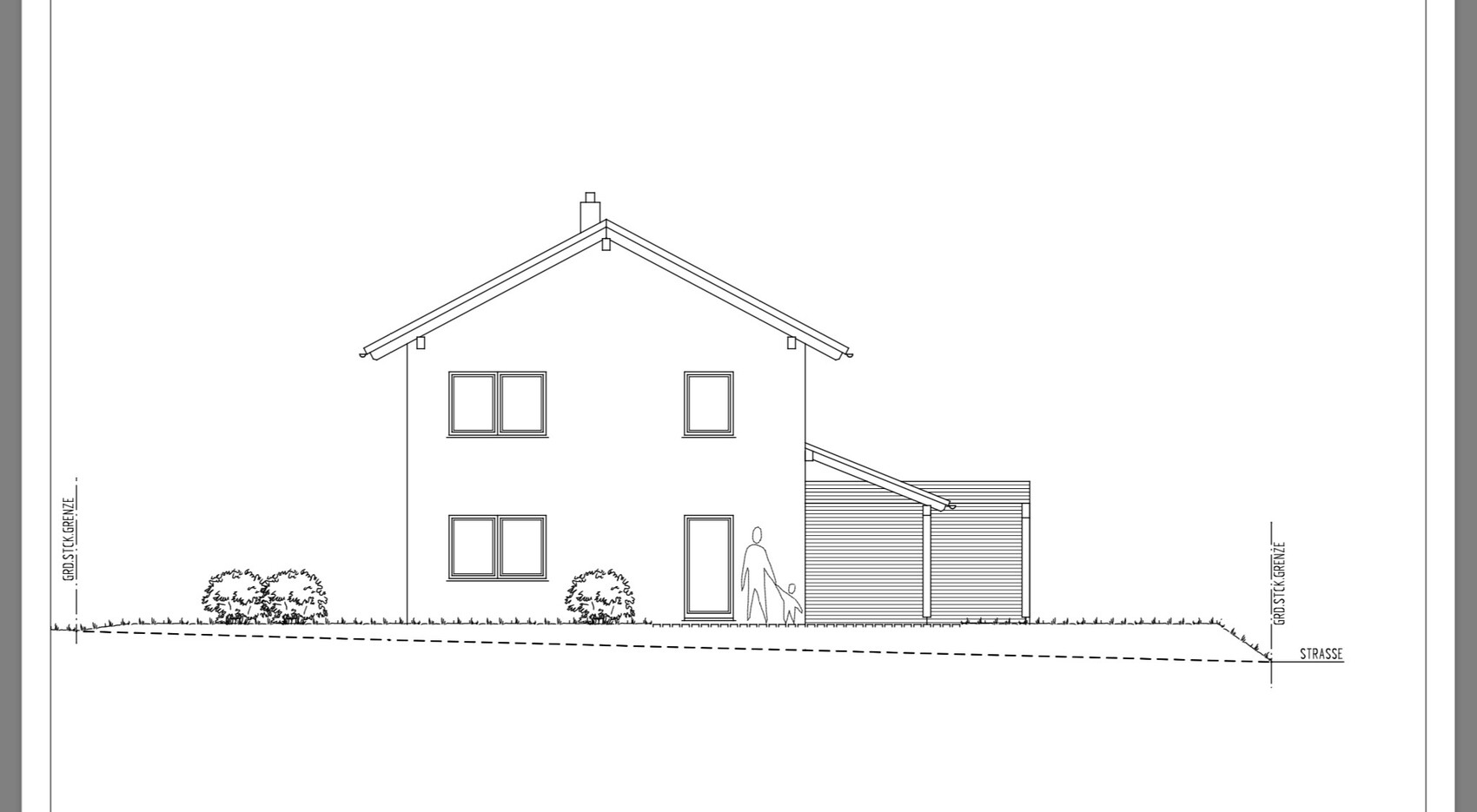 Zweistöckiges Haus mit Satteldach, Fenster, Eingang, seitlichem Anbau; Straßenseite mit Person.