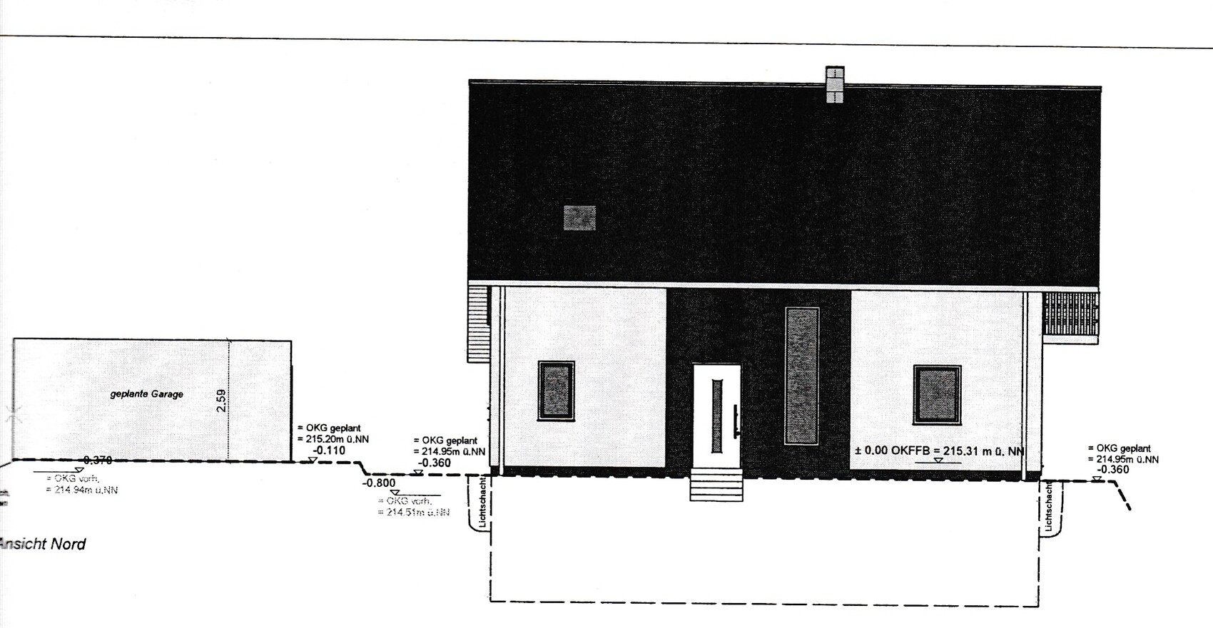 Ansicht eines Hauses mit dunklem Dach, Fassaden und geplanter Garage, Architekturlayout