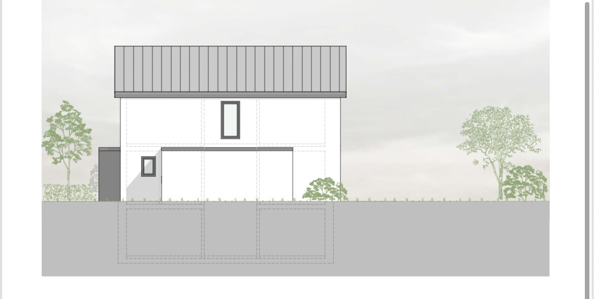 Zweigeschossiges Einfamilienhaus mit Garage, umlaufende Grundrissskizze und Bäume.