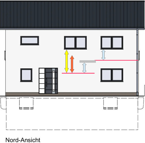 Nordansicht eines zweistöckigen Hauses mit dunklem Dach, Fenstern und Eingangstür; Maßlinien.