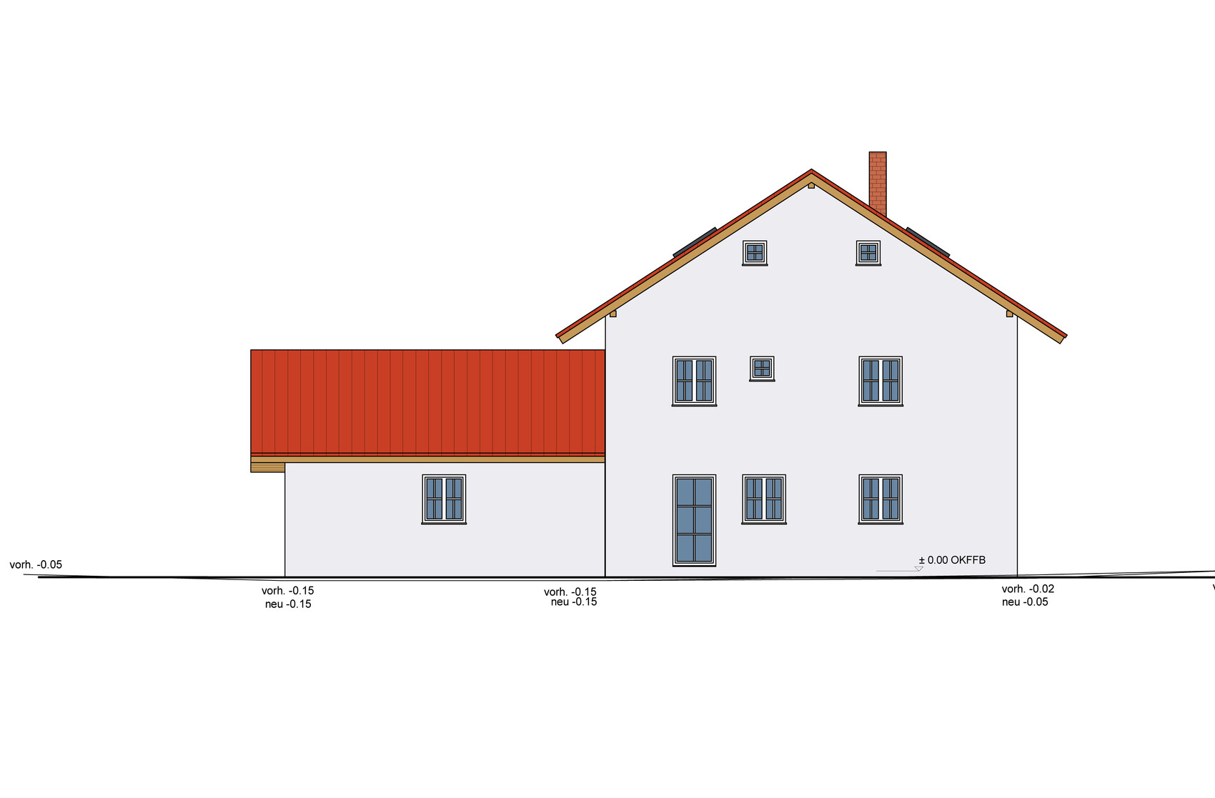 Giebelseitige Hausansicht eines zweigeteilten Hauses mit rotem Dach und weißen Wänden.