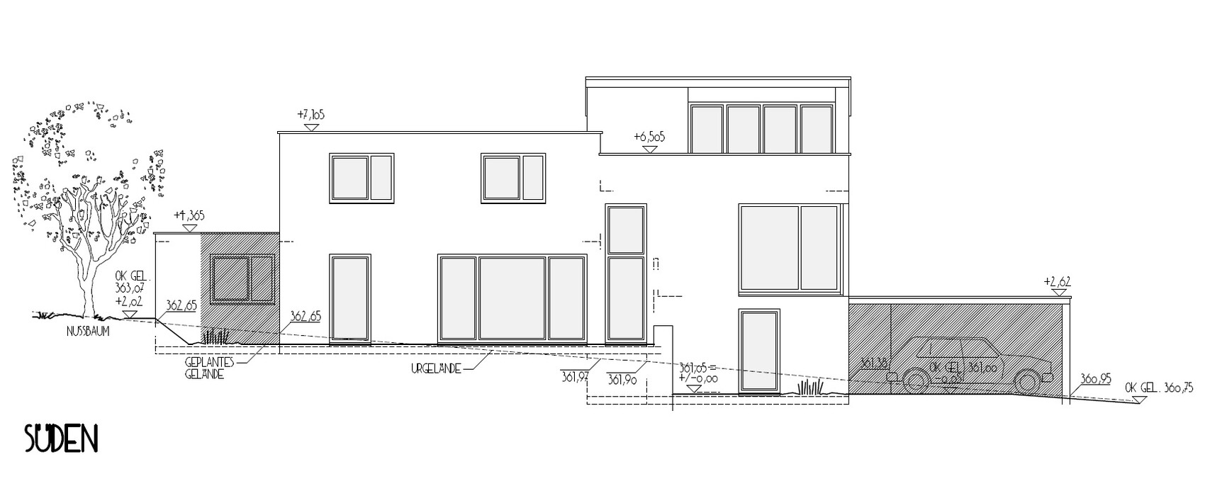 Moderne Architekturskizze: Haus mit Garage, große Fenster, Baum links, Süden ausgerichtet