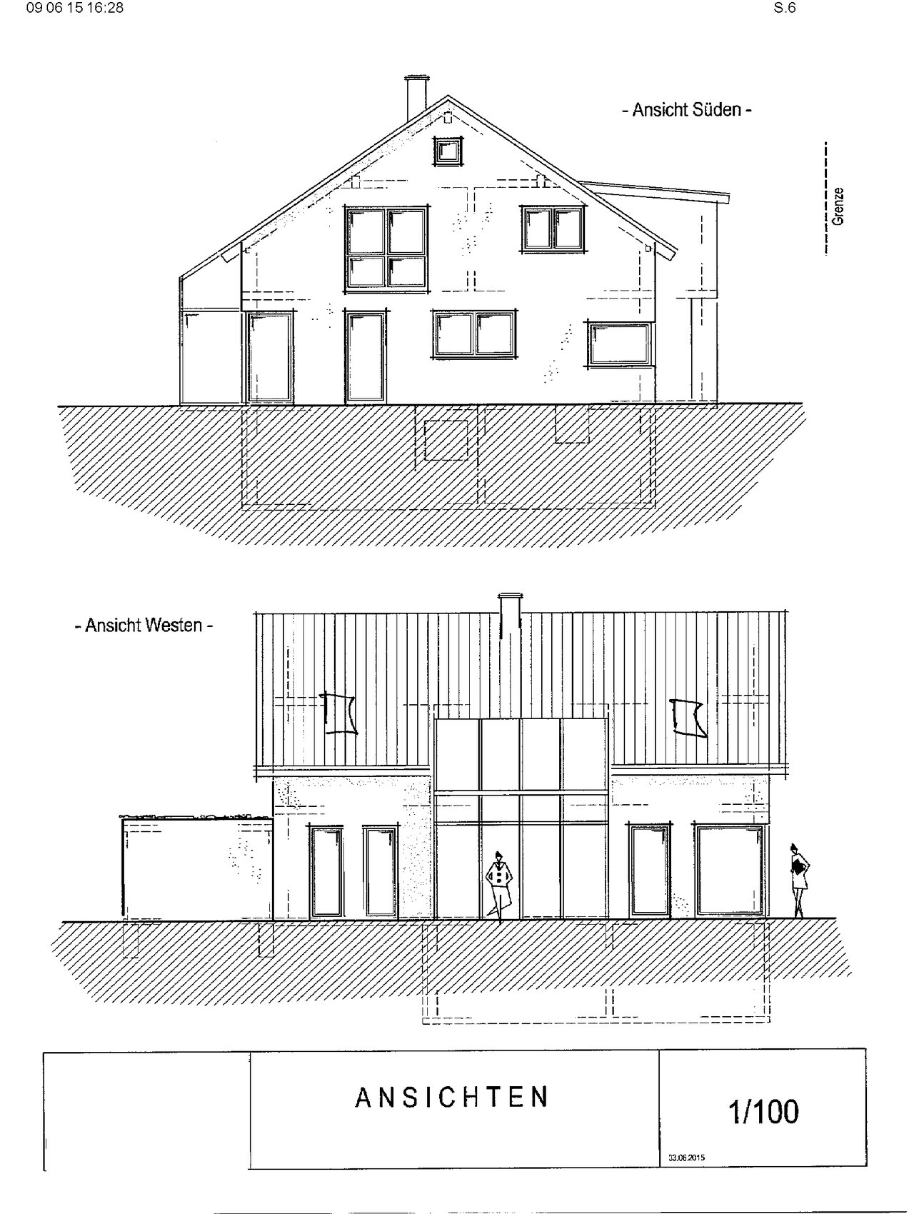 Architektonische Zeichnung: Süd- und Westansicht eines Hauses mit Dach, Fenstern und Fundamenten.