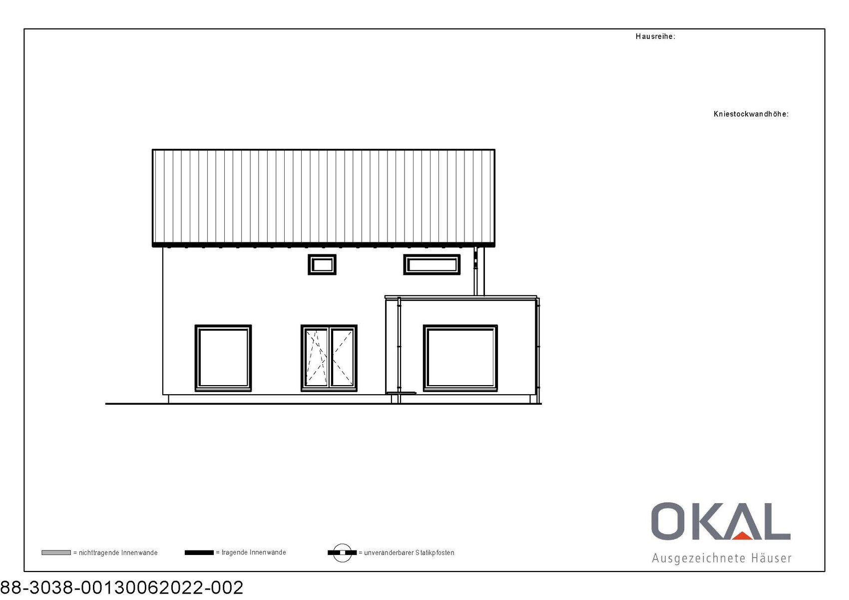 Architekturzeichnung eines zweigeschossigen Hauses mit großen Fenstern und OKAL-Logo.
