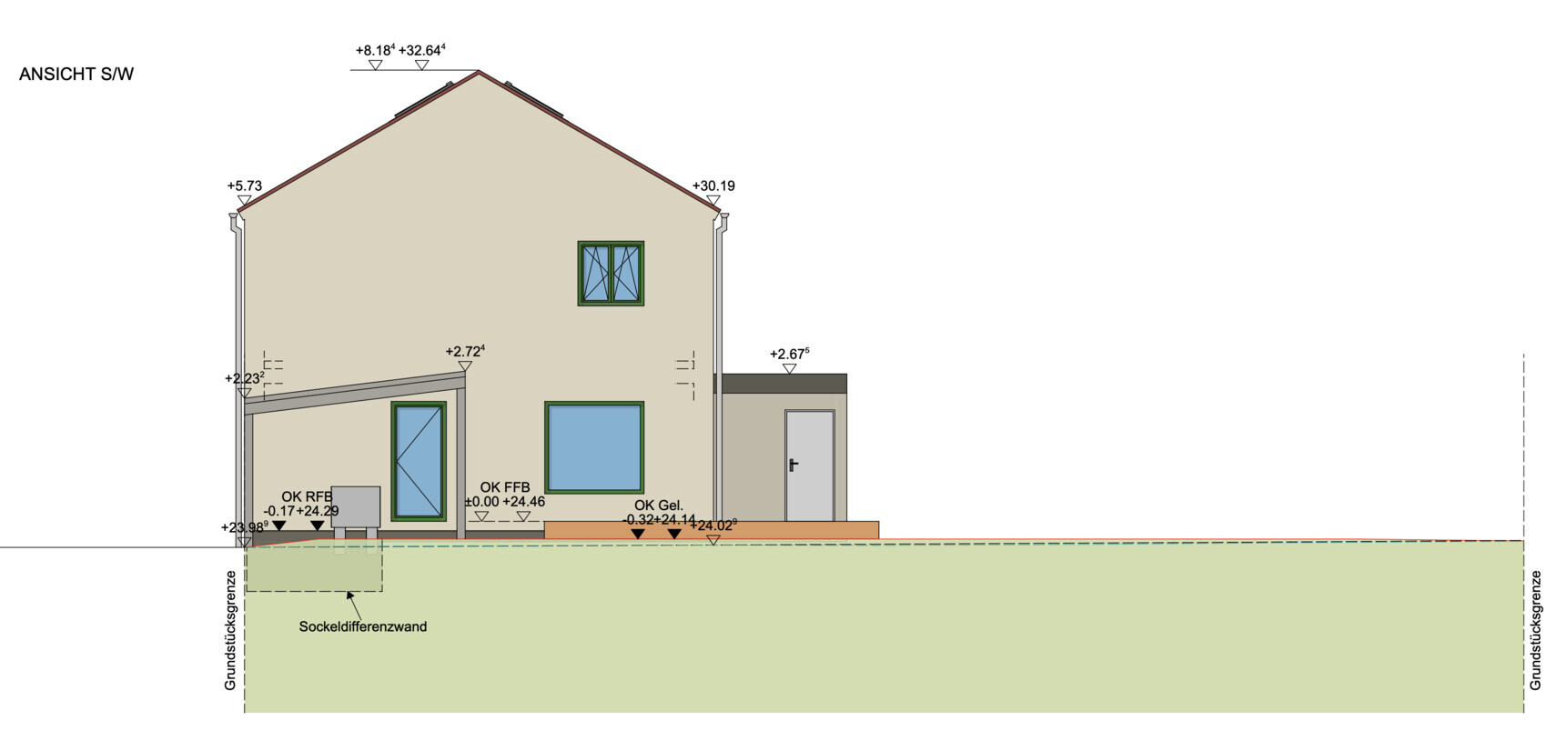 SW-Ansicht eines zweigeschossigen Hauses mit Satteldach, Tür, Fenstern und Anbau.
