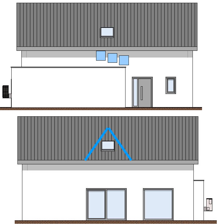 Modernes Einfamilienhaus mit grauem Metalldach, Eingang und Garage; Rückansicht mit Fenstern.