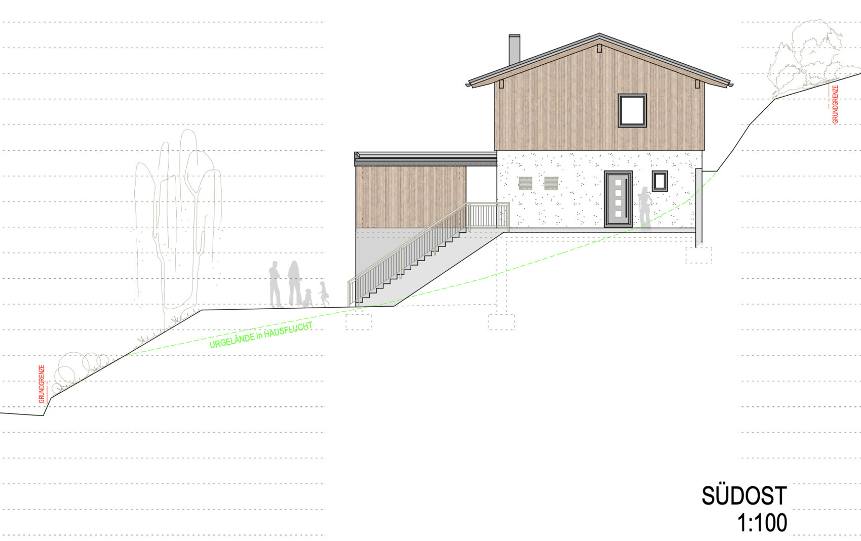 Zweistöckiges Haus am Hang: Holzfassade oben, verputzte Basis, Treppe und grüne Fluchtlinie.