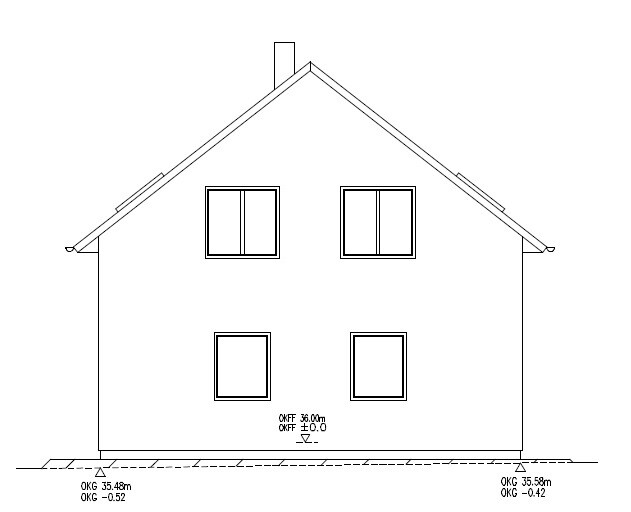 Linienzeichnung eines zweistöckigen Hauses mit zwei Fenstern oben und zwei unten, Dach mit Kamin.
