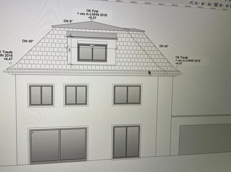 Architektur-Rendering eines zweistöckigen Hauses mit Satteldach, Gaube, Fenstern und Garage