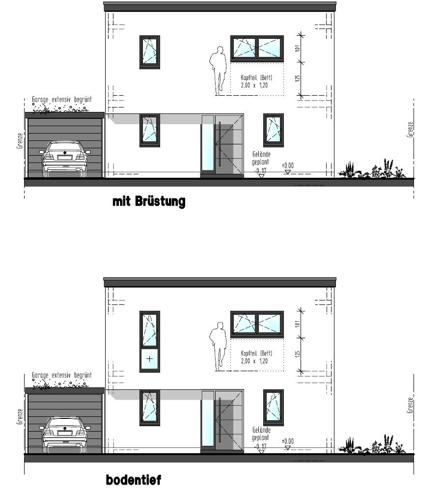 Zweigeschossiges Haus mit Garage, Eingangsbereich und Garten; obere Brüstung und bodentiefe Fenster.