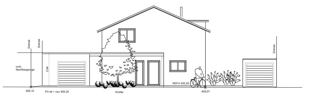 Außenansicht eines zweistöckigen Einfamilienhauses mit Garage, Garten und Fahrrad vor dem Eingang.