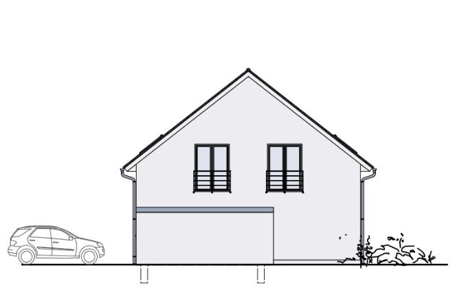 Zweistöckiges Haus mit Satteldach, Garage, Auto links, Büsche rechts; einfache Linienzeichnung.