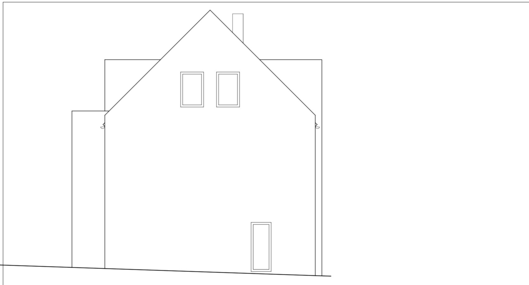 Linienzeichnung eines Hauses mit Satteldach, zwei Fenstern oben, Tür unten und Kamin