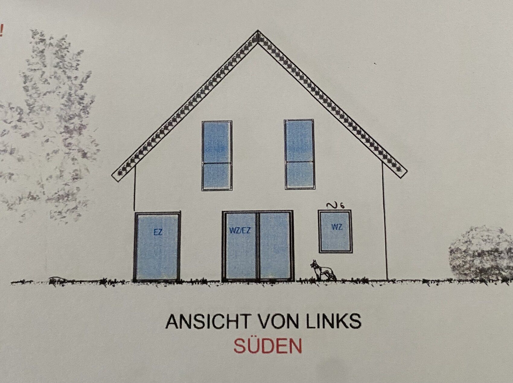 Ansicht von links: Hausfront mit Giebeldach, blaue Fenster und Türen, Hund am Eingang.