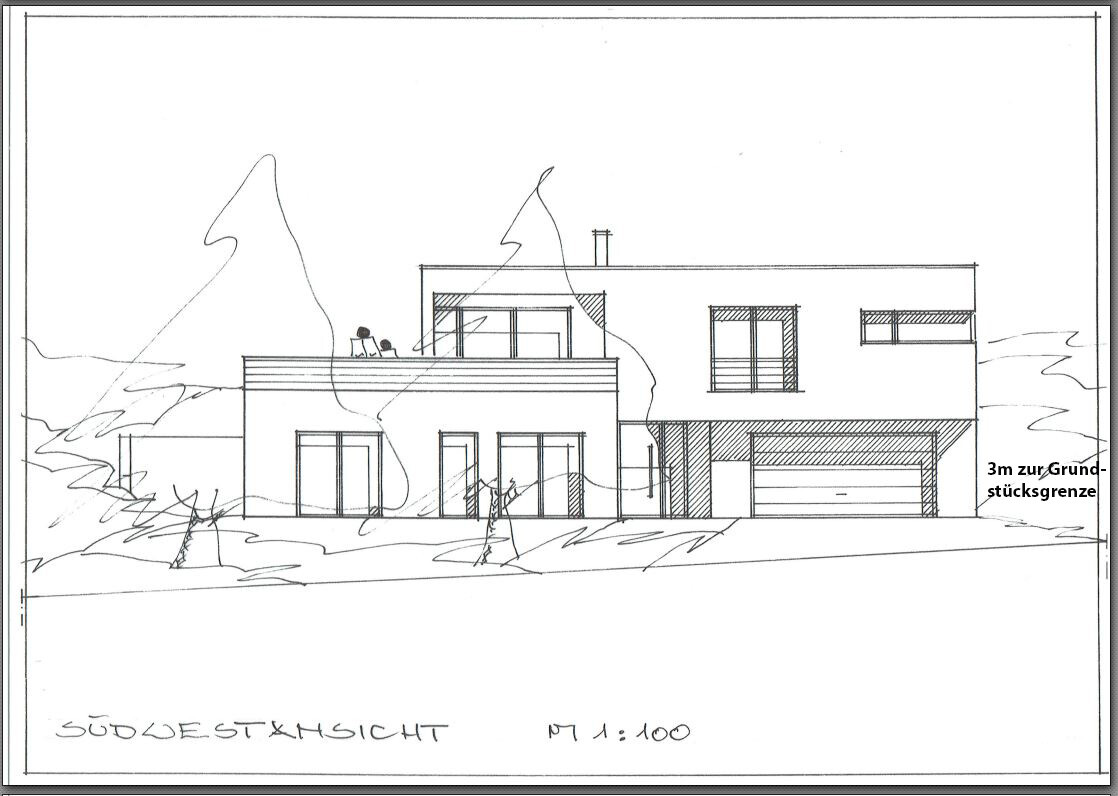 Moderne Haus-Skizze mit Terrasse, Balkon, Garage; 3 m zur Grundstücksgrenze.