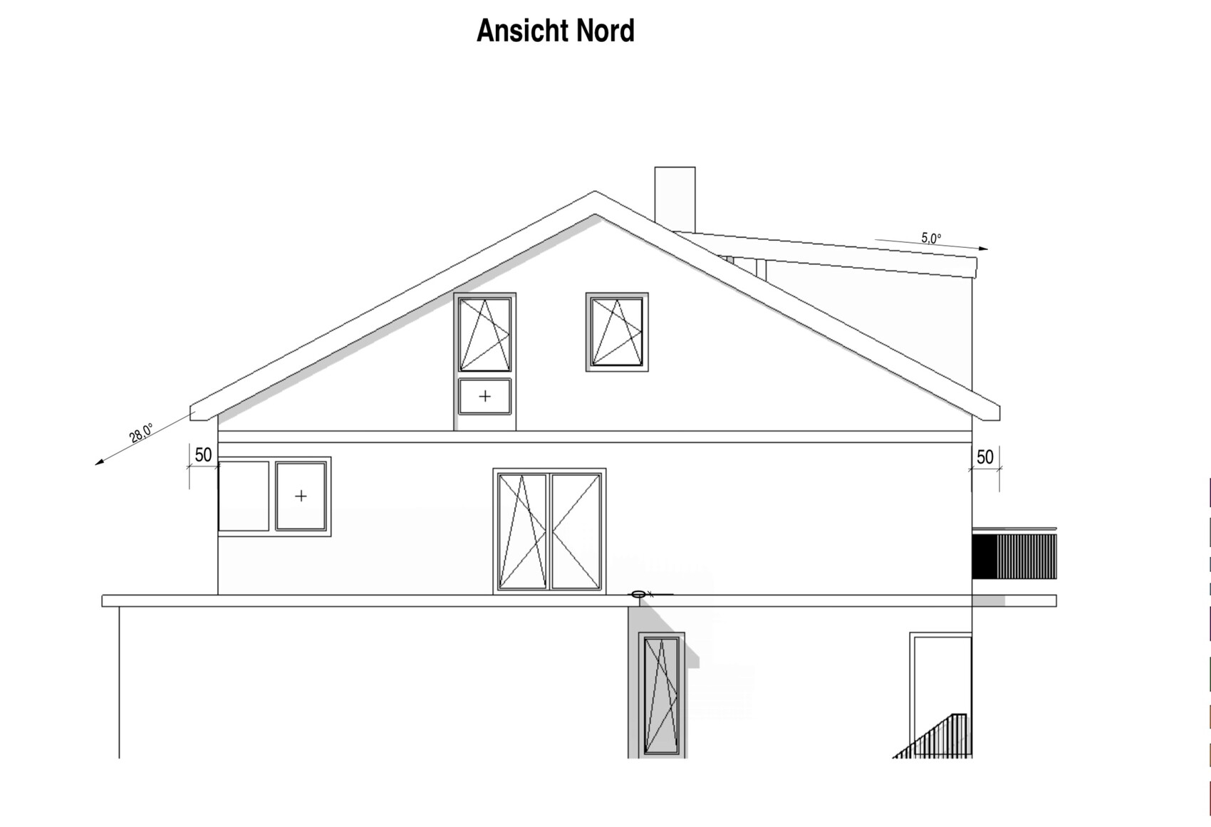 Nordansicht eines zweistöckigen Hauses mit Satteldach, Fenstern und Türen.