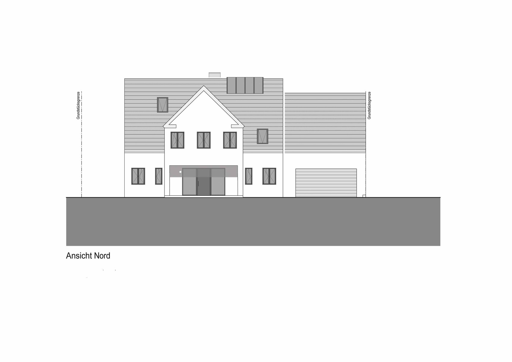 Nordansicht eines mehrstöckigen Hauses mit Garage, Dachgaube und Fenstern.