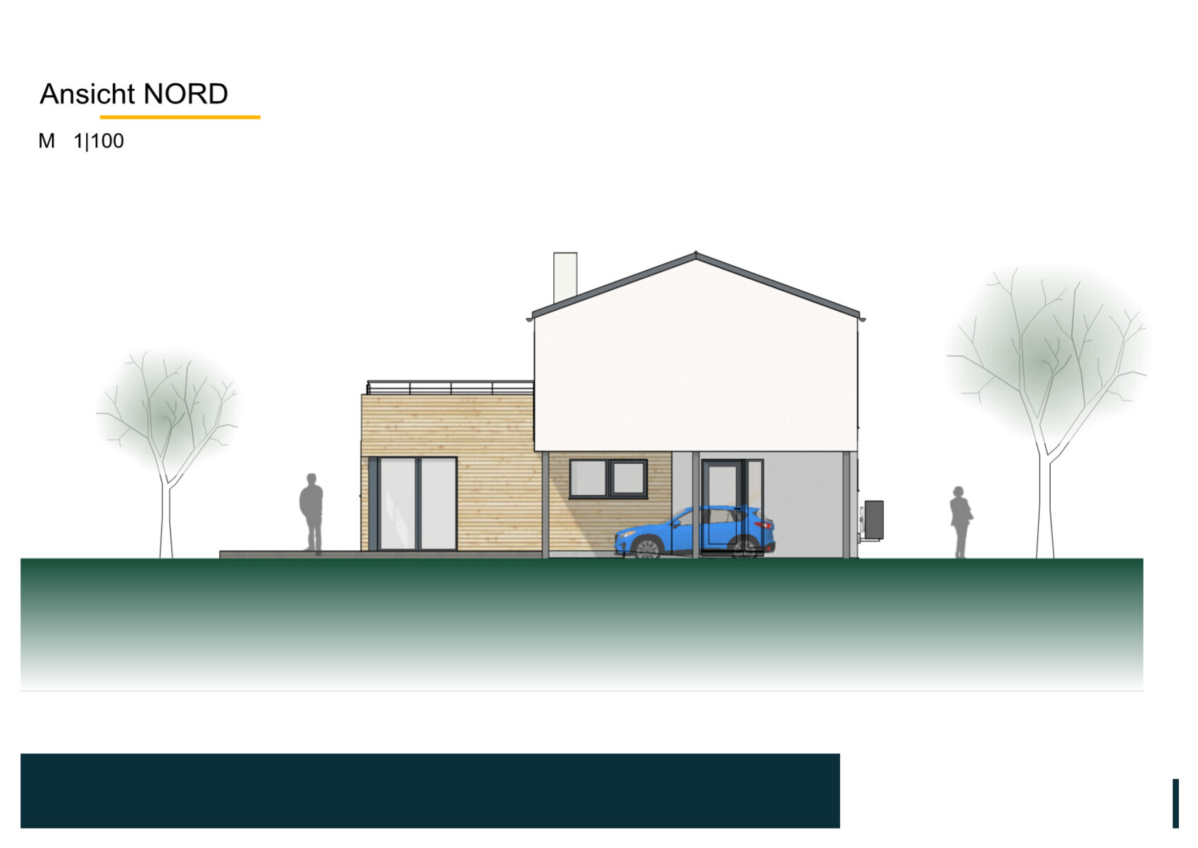 Nordansicht eines modernen Einfamilienhauses mit Holzfassade, Garage und blauem Auto.
