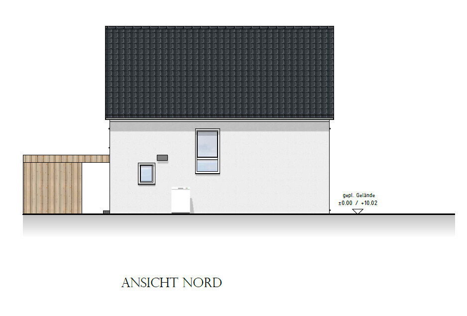 Ansicht Nord eines modernen Einfamilienhauses mit weißer Fassade und dunklem Dach.