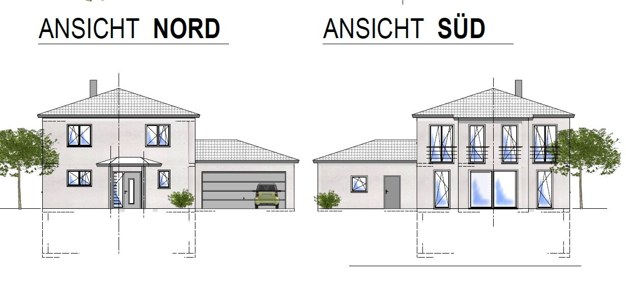 Architekturzeichnung zweier Häuser: Nord- und Südansicht mit Garage.