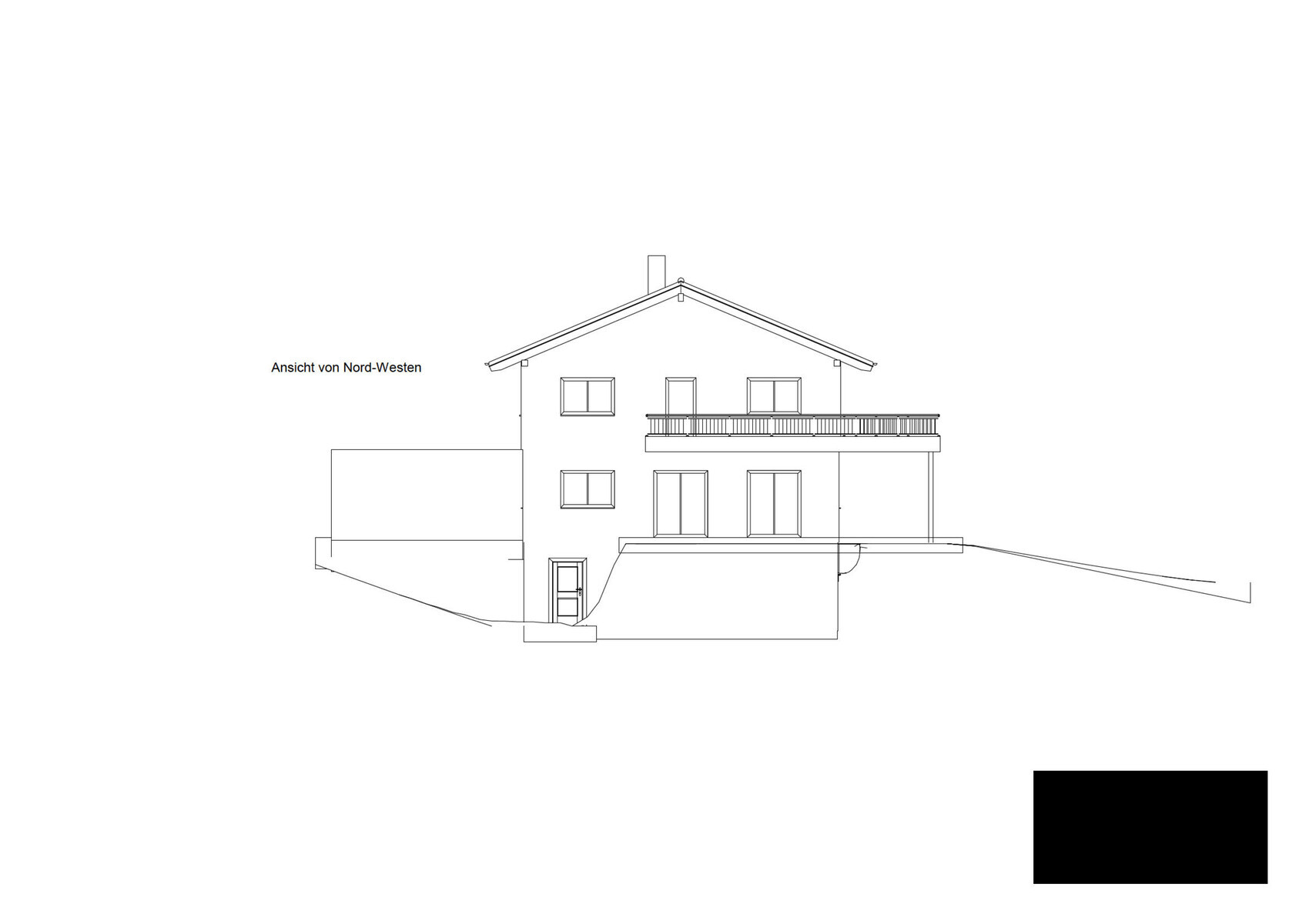 Architektenzeichnung eines Wohnhauses, Nord-Westansicht mit Dach, Fenstern und Balkon