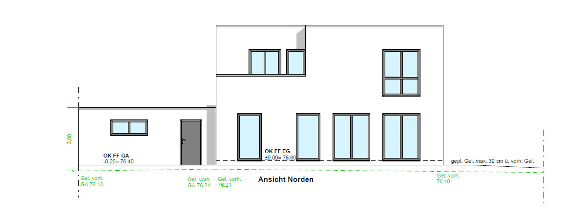 Ansicht Norden eines modernen zweigeschossigen Hauses mit großen Fenstern und Anbau