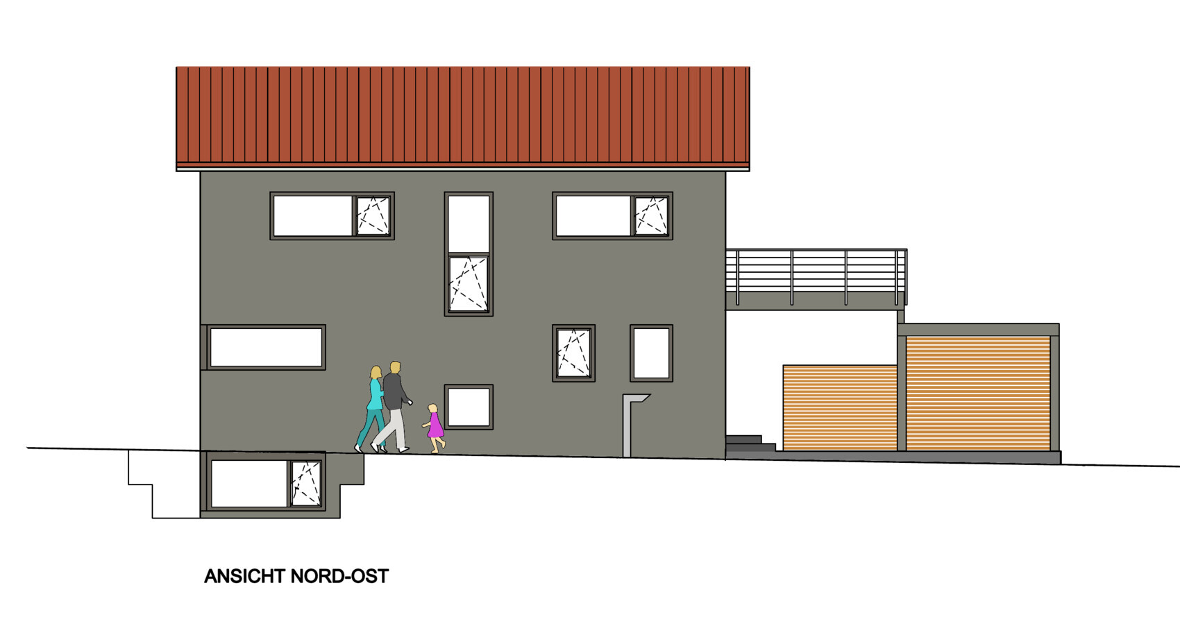 Nordost-Ansicht eines grauen Hauses mit rotem Dach, Terrasse und zwei Holzgaragen.