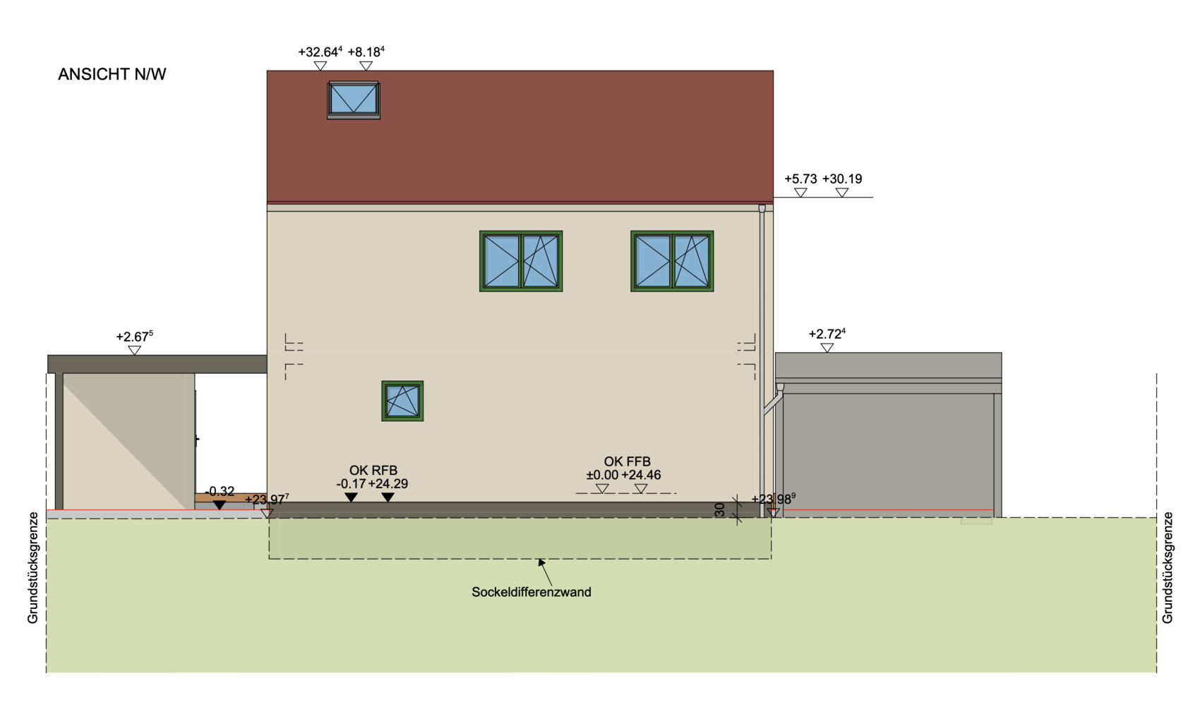 NW-Ansicht eines zweistöckigen Hauses mit rotem Dach, beige Fassade und grünen Fenstern.