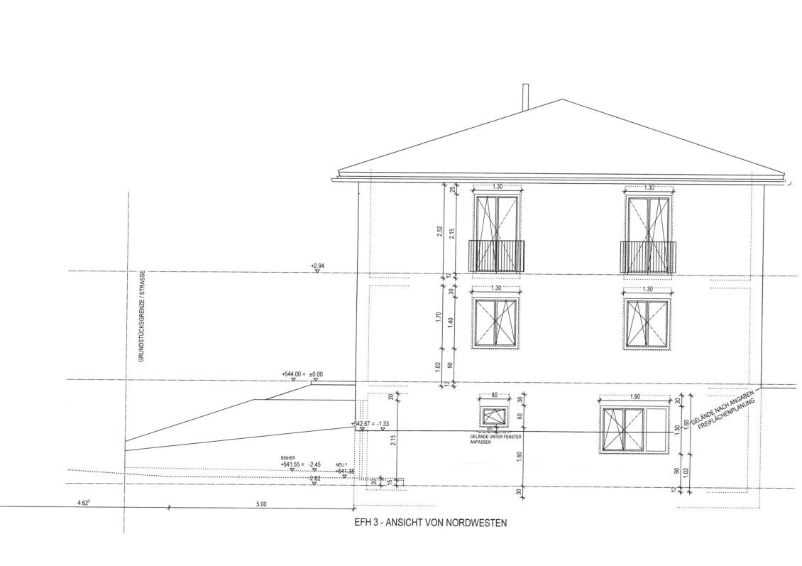Architekturzeichnung eines zweigeschossigen Einfamilienhauses mit Dach und Fenstern, Nordwestansicht