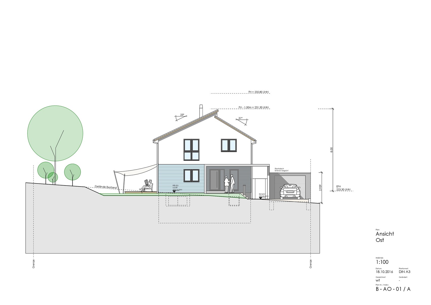 Ostansicht eines Einfamilienhauses mit Satteldach, Garage, Terrasse und Garten.