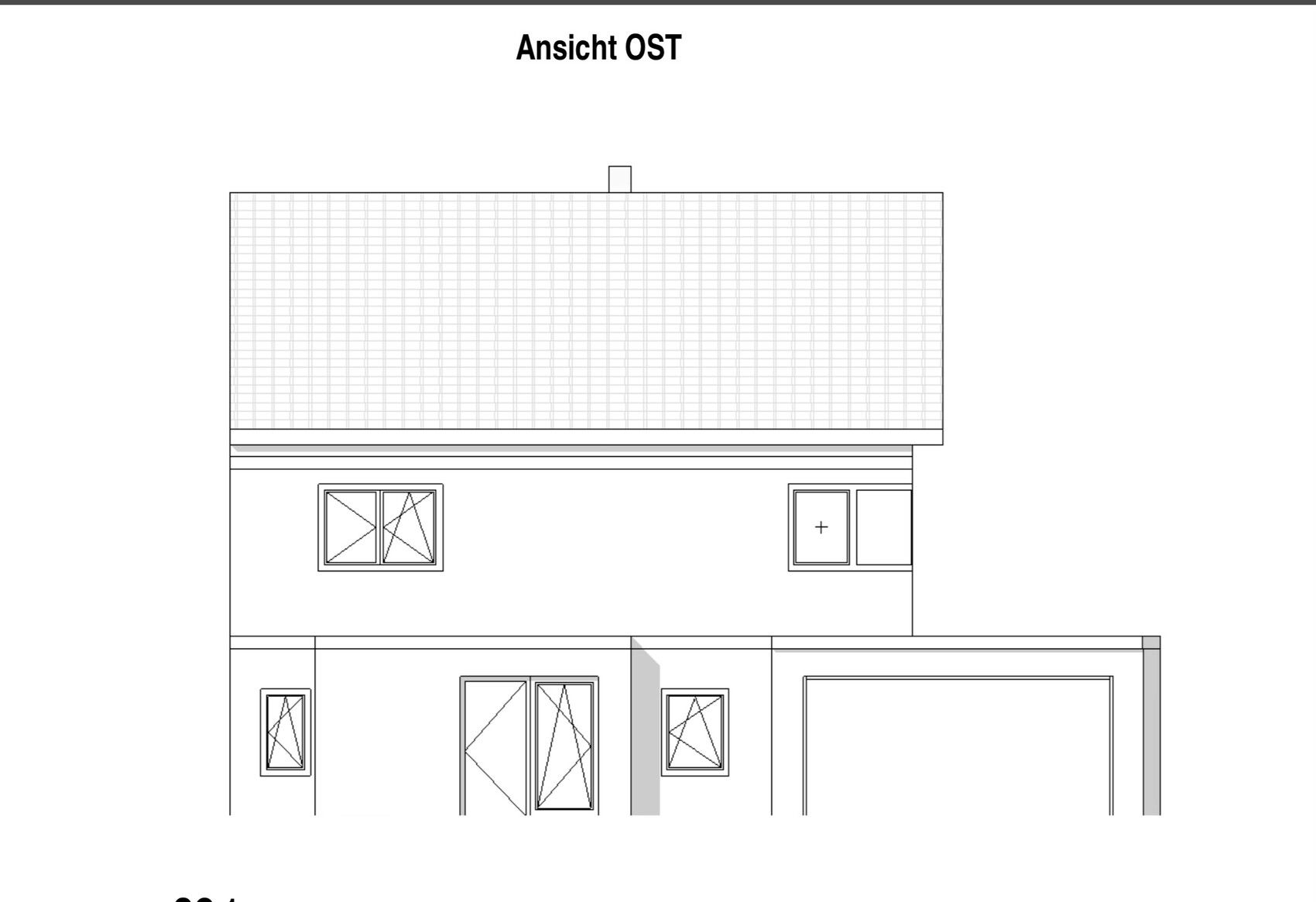 Schematische Ostansicht eines zweistöckigen Hauses mit großem Dach, Fenstern und Garage.