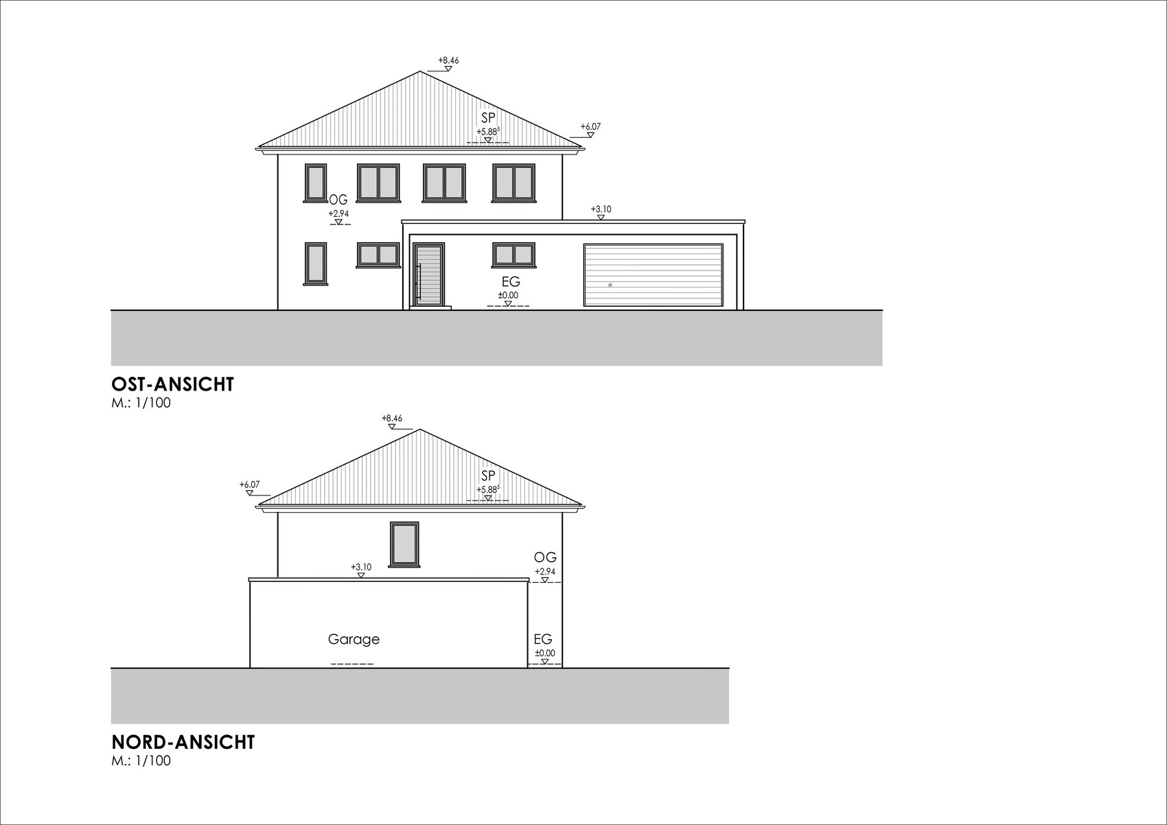 OST- und NORD-ANSICHT eines zweigeschossigen Hauses mit Garage und Flachdach-Anbau.