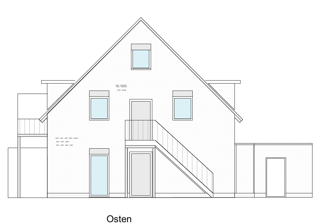 Darstellung eines zweistöckigen Hauses mit Satteldach, äußere Treppe und mehreren Fenstern (Osten).