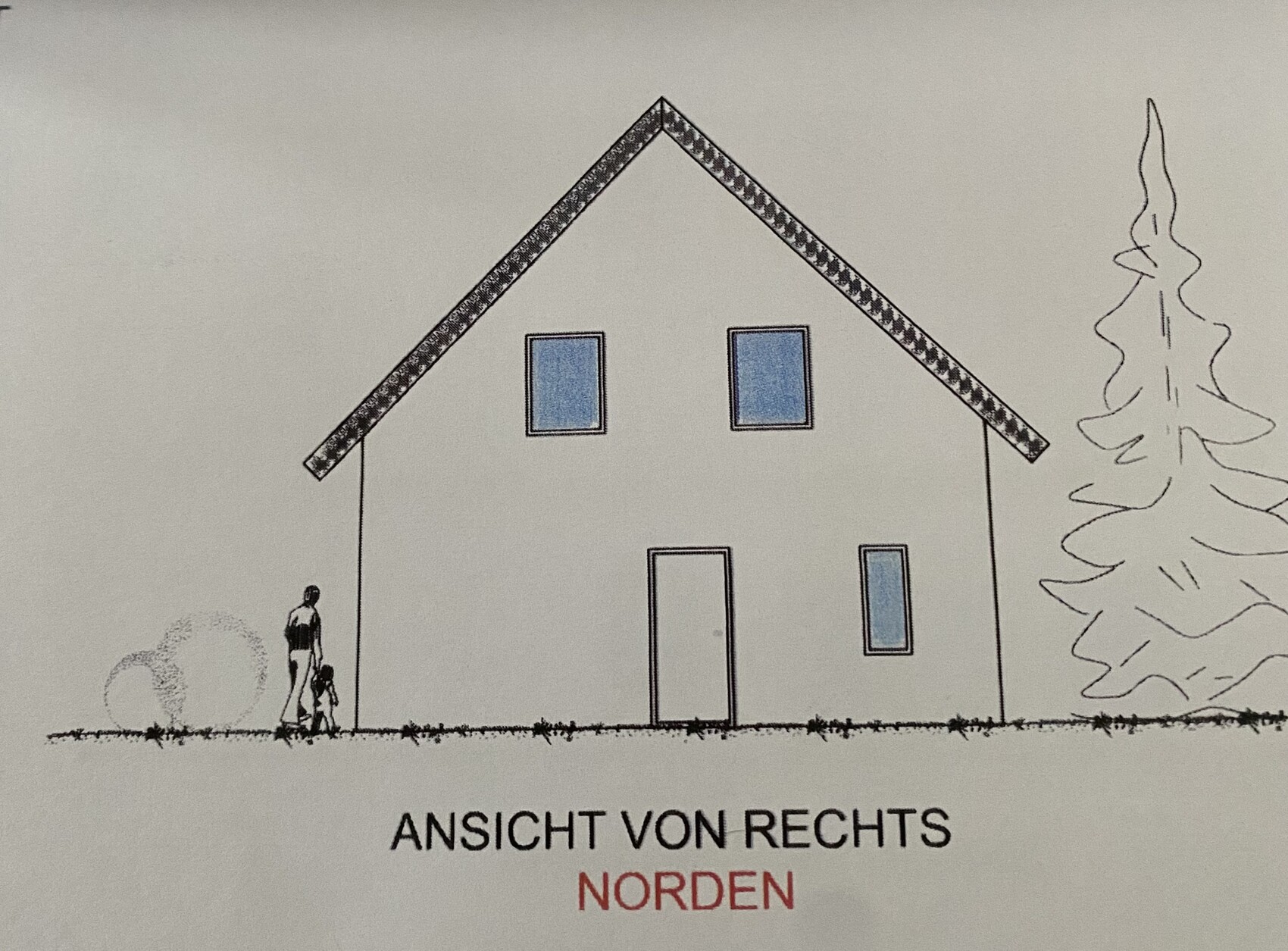 Skizzenhaus mit steilem Dach, zwei blaue Fenster, Tür, Baum rechts, Person mit Kind links