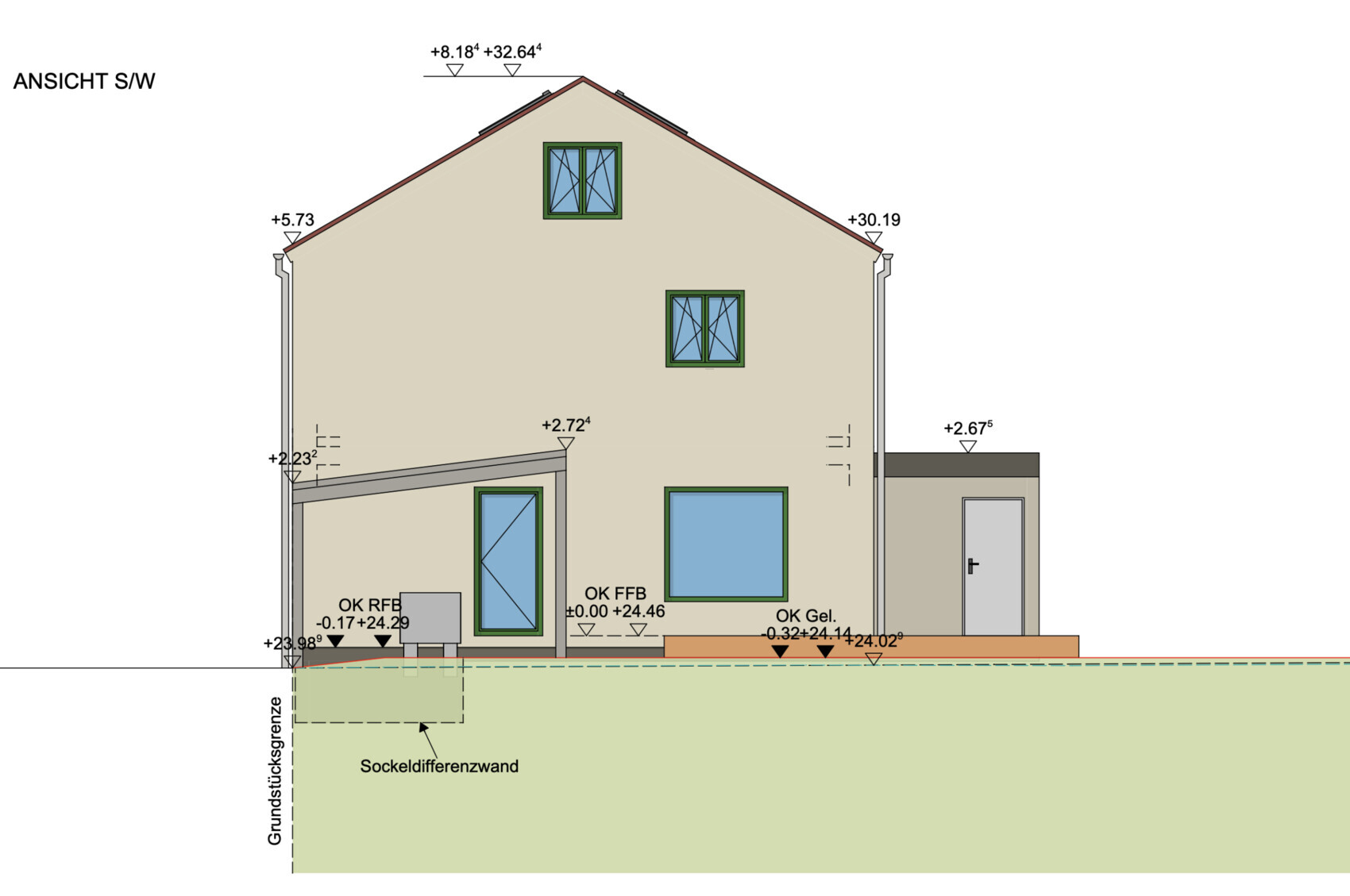 Südwestansicht eines zweistöckigen Hauses mit Satteldach und grünen Fenstern.